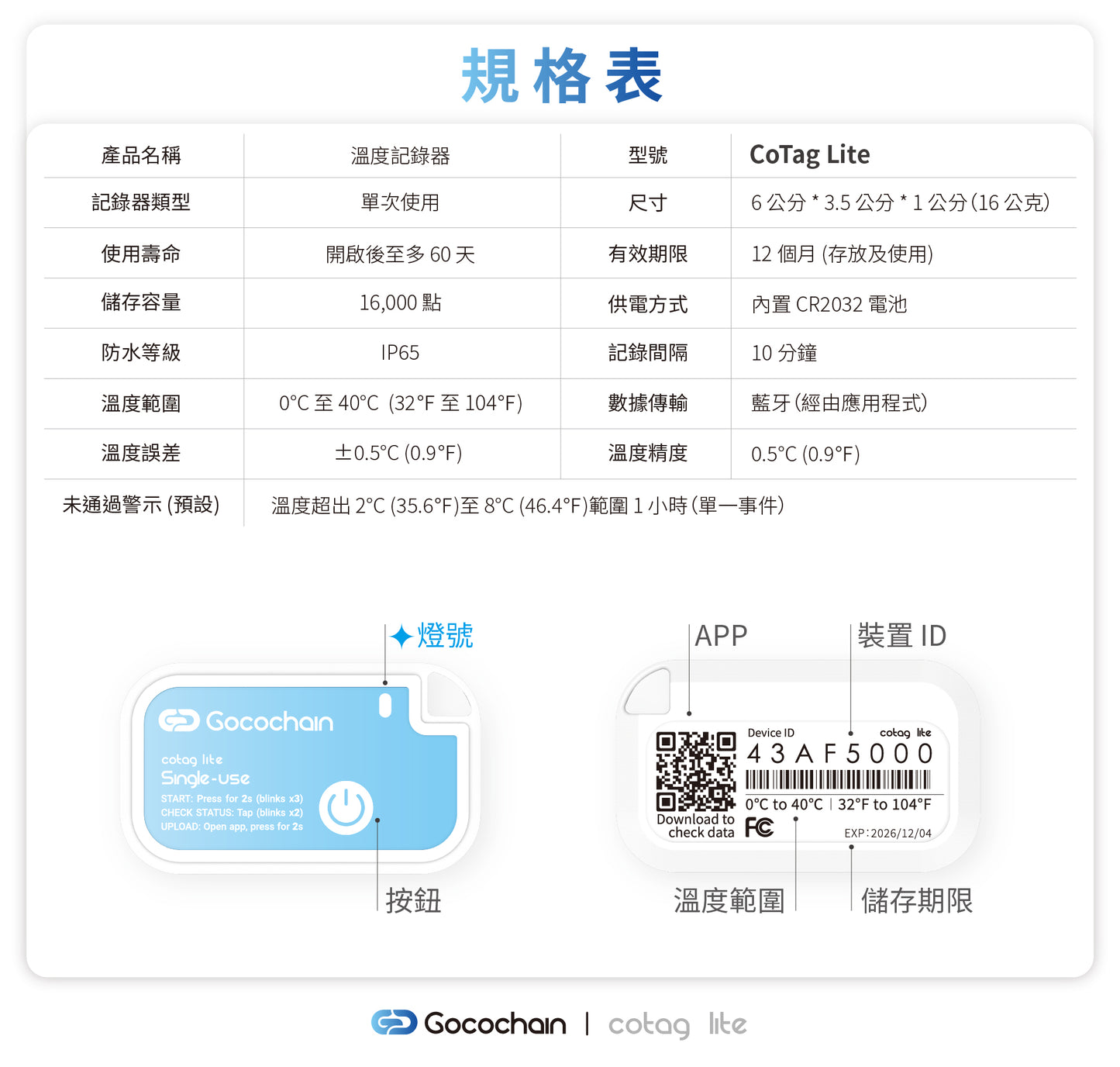 【CoTag Lite 拋棄式冷鏈溫度記錄標籤】0°C 至 40°C